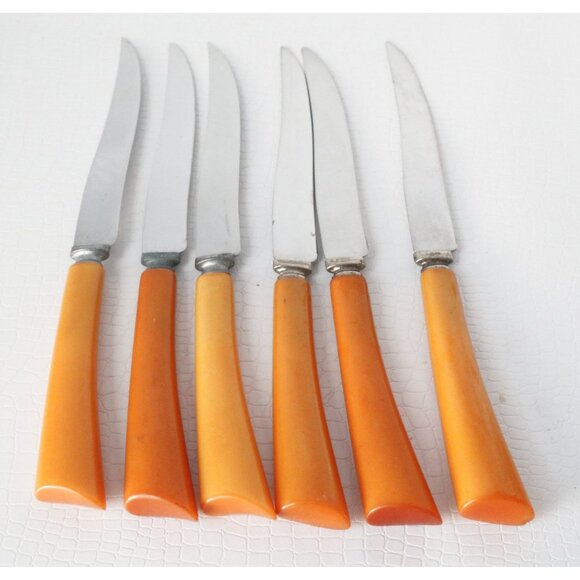6 Bakelite Knives Butterscotch Mid Century Knife Flatware Cutlery Set 1950's  Lo - Picture 1 of 4
